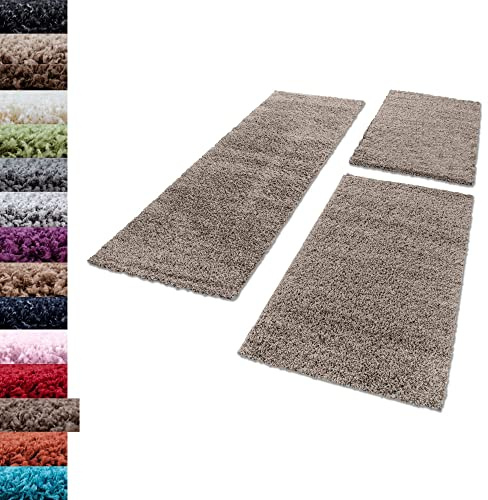 Carpettex Bettumrandung Schlafzimmer 3teilig Shaggy Teppich Hochflor Einfarbig Taupe Bettset:2 mal 60x110 + 1 mal 80x150 - Bettvorleger Schlafzimmer Läuferset Weicher Flauschig Bettumrandung Teppich