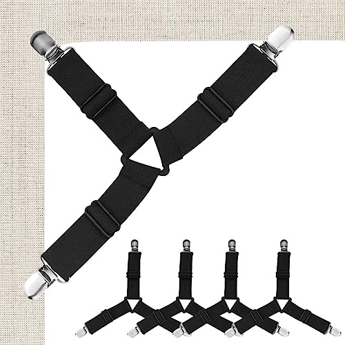 Bettlakenhalter Eckgurte – 4 Stück schwarz, Matratzenbezug-Clips zum Halten von Laken, verstellbare Bettbänder, elastische Verschlüsse/Greifer/Hosenträger für Bettwäsche, Halter, Bettlaken, Spanngurte