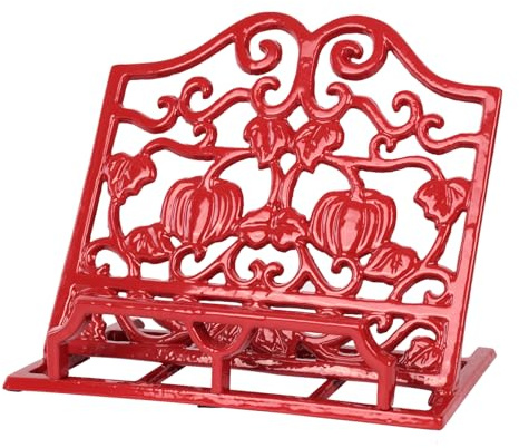 MINLUFUL Supporto per ricettari vintage, robusto supporto per ricettario in ghisa battuta, per bancone della cucina, grande supporto per libri di cucina in metallo con design a zucca, rosso