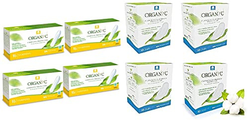 Organ(y)c, Tampons aus 100% zertifizierter Bio-Baumwolle für normale Tage & Organ(y)c, Hygienebinden für den täglichen Gebrauch mit gefalteten Flügeln aus 100% Bio-Baumwolle 4 Packungen zu je 10 Stück