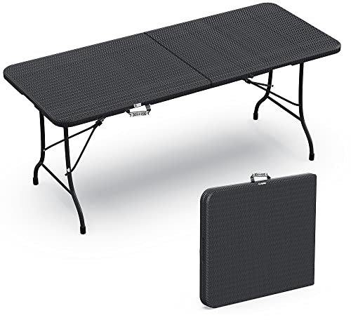 VOUNOT Gartentisch Klapptisch 180x75 cm, Campingtisch Buffettisch Klappbar mit Tragegriff für Garten, Terrasse und Balkon, Rattan Optik Schwarz