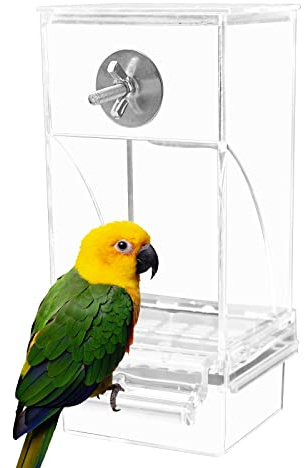 Automatic Bird Feeder Bird Feeder Acrylic Bird Cage Feeder Hanging Seed Food Container Perch Cage Accessories for Small Medium Budgerigar Canary Cockatiel Finch Parakeet Easy to Install Clean