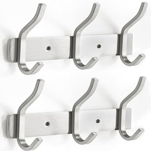 YUNISS Kleiderhaken Hakenleiste, Garderobenhaken Edelstahl mit 3 Haken, Wandhaken Garderobenleiste for Schlafzimmer, Badezimmer (Silber, 2 Stück)