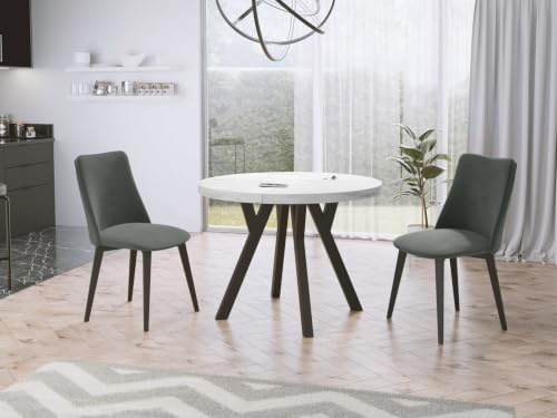 WFL GROUP Designer Runder Ausziehbarer Esstisch in Weißer Marmoroptik - Loft-Stil, Industriell, Platzsparend - Schwarze Beine - 100 bis 200 cm - für 5-10 Personen - Hergestellt in EU - Marmor Weiß
