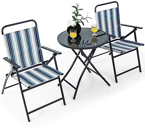 COSTWAY Bistrotisch mit 2 Stühlen, klappbarer Balkonset, 3-teilig Gartenmöbel-Set, Sitzgarnitur Sitzgruppe Balkonmöbel Gartenmöbel Gartengarnitur für Garten, Hof, Balkon
