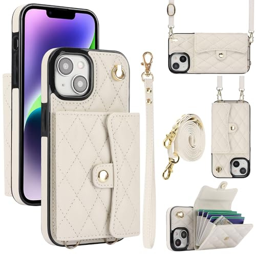 XIZYO for iPhone 15 Leather Crossbody Wallet Phone Case with 2 Adjustable Removable Lanyard Straps, Women Girls Soft TPU Cute Luxury Purse Kickstand Phone Cover with Card Slots, White