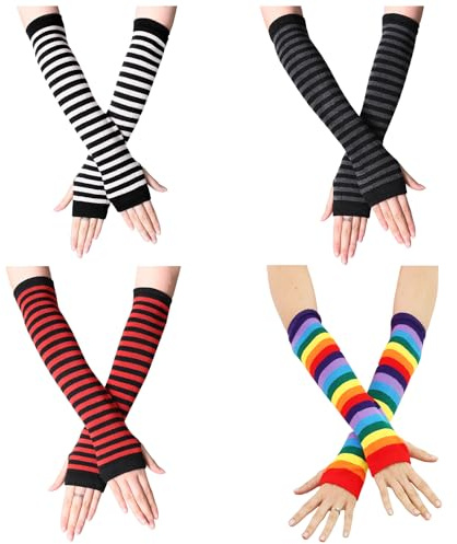 JTMKYO 4 Stück Lange Gestreifte Fingerlose Handschuhe - Gestrickte Thermohandschuhe für Damen, Modisch und Warm für Herbst und Winter