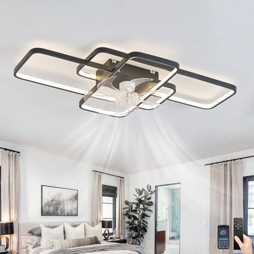 Fachae echteckige Deckenlampe Mit Ventilator Wohnzimmer mit Fernbedienung | Reversibel Leise Schlafzimmer Deckenleuchte mit Ventilator Dimmbar Timer Deckenventilator mit Beleuchtung Moderne LED