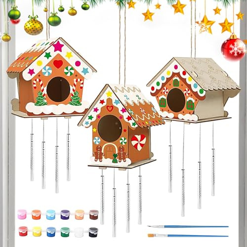Holdes Ensemble de carillons éoliens - Kit de maison de bricolage de Noël pour la décoration de la maison - Maisons d'oiseaux inachevées pour le bricolage, maison de bricolage de Noël avec 12 couleurs