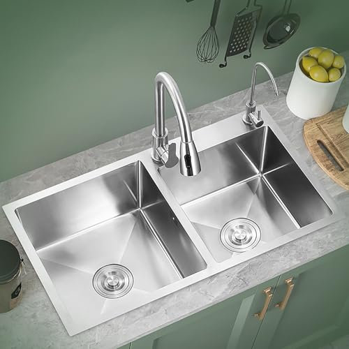 Lavelli da cucina, lavelli doppi in acciaio inox, lavabi ispessiti, lavelli sottopiano, lavelli bar, di grande capacità; installazione da appoggio/media/sottotop (Size : 75x41cm(29.52x16.14in))