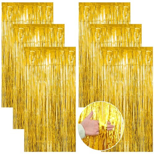 ZOCONE Lametta-Vorhänge mit Goldfolie, 2 x 1 m, Folien-Fransenvorhang, Lametta-Hintergrund, Türvorhang, Partydekoration, Goldfolienvorhang, Hintergrund für Geburtstag, Party, Hochzeit, Urlaub, 6 Stück