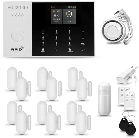 HUXGO® HXA005 Funk Alarmanlage Set WiFi + GSM mit Sirene | Alarm System mit Bewegungsmelder, 12x Tür- Fenstersensor, Fernbedienung | Wohnmobil Alarmanlage | Smart Home Security