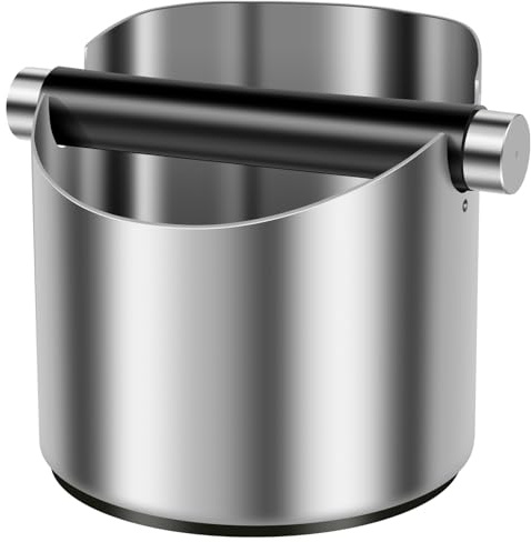 Coffee Knock Box, Stainless Steel Espresso Knock Box Non Slip Coffee Ground Knock Box with Rubber Ring Beveled Coffee Ground Bin Large Capacity Espresso Dump Bin with Removable Knock Bar(Large)
