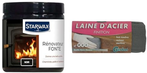 STARWAX Rénovateur fonte pour poêle et cheminée 200ml - Idéal pour rénover les supports en fonte, acier.., Noir & Laine d'acier Gerlon - n°000 - Etui de 200 g