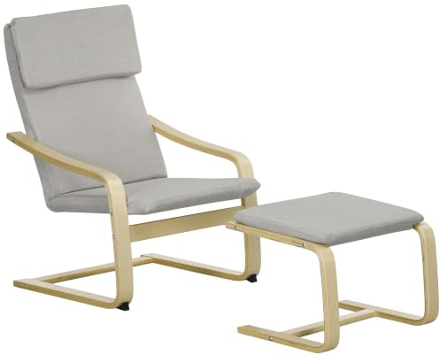 HOMCOM Relaxsessel mit Hocker, Sessel mit Hocker, Fernsehsessel Hellgrau | Loungesessel, Polstersessel Armlehnensessel, Modern, mit Leinenoptik, Wohnzimmer, Schlafzimmer
