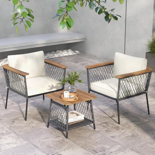 GIANTEX Gartenmöbel Set Rattan, Balkonmöbel 2 Personen, Terrassenmöbel Outdoor, 3 TLG. Garten Sitzgruppe 2 Sessel mit Tisch, Gartengarnitur Sitzgarnitur mit Kissen, Balkon Möbel für Kleinen Balkon