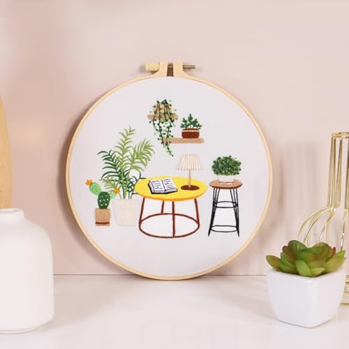 N.LANSHAN Embroidery Kit Stickmuster Für Grüne Topfpflanzen，Cartoon-Schlafzimmer，Stickset Für Erwachsene，Stickmuster Für Anfänger，Stickrahmen，Handarbeitsset，Diy-Handwerk 30x30cm