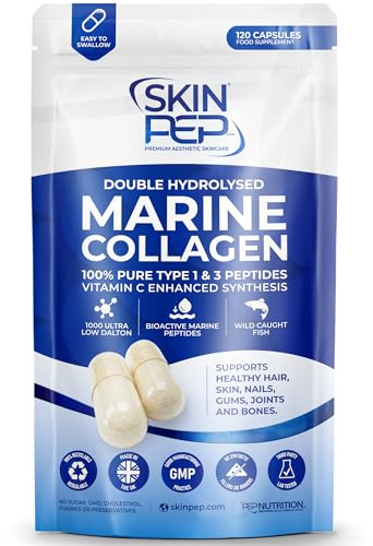100% Pure Marine Collagen (120 Capsules) - 1270mg (Not Collagen Powder) - 2 Months Supply - Collagen Supplements for Women & Men Premium Double Hydrolysed Triple Filtered Type 1&3 Peptides by SkinPep
