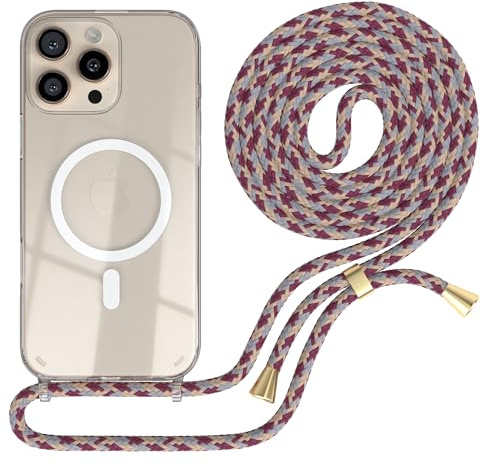 EAZY CASE - mobilkedja kompatibel med iPhone 16 Pro Max, kedja för upphängning, stötsäkert mobilskal för iPhone 16 Pro Max, silikonskal med rem, transparent mobilskal i Röd kamouflage