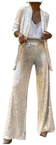 Damen Pailletten Anzug Zweiteiliger Glänzende Paillettenjacke Schlaghosenanzug 2-teiliges Set Glitzer Business Hosenanzug Zur Hochzeit Silvester Langarmmantel mit weitem Bein Hose