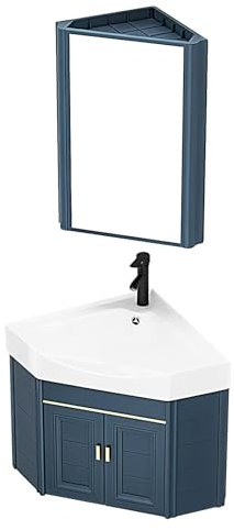 Modernes weißes Eckwaschbecken-Set mit Keramik-Spüle, Spiegelschrank und wandmontierter Aufbewahrung, ideal für kleine Räume, 38 cm
