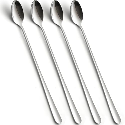 Kucensi Stainless Steel Long Handle Iced Tea Spoons, Stirring Spoon, Ice Cream Spoon, 8.78-Inch/22.3CM Long Teaspoons for Stirring Coffee, Mixing Cocktail, Mixing Milk Tea, Silver Spoons Set of 4