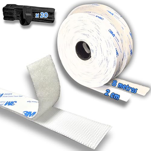 BASAMA Rollo Belcro Adhesivo Doble Cara Extrafuerte de Nylon 8m x 2cm + 20 Bridas Sujeta Cables | Uso en Múltiples Superficies | Pegamento Resistente