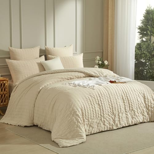 Luofanfei Housse de Couette 220x240 Seersucker Beige Crème Unie Parure de Lit 2 Personnes Adulte Linge de Lit en Microfibre Uni Parure Housse Couette zippée avec 2 Taies d'oreiller 65x65
