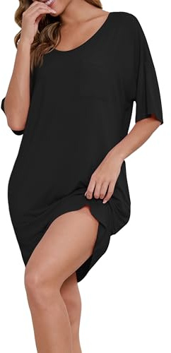 EWIGELIEBE Camicia da notte da donna, estiva, a maniche corte, girocollo, in bambù, per dormire, Nero , XXL