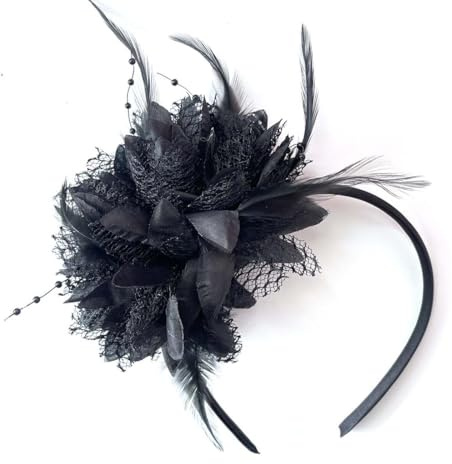 XOXVURI 1 Stück Feder Haarreif mit Künstlichen Blumen, 1920er Fascinator Kopfschmuck, Feder 20er Jahre Stirnband für St. Patricks Day Karneval Cocktail Hochzeit Tee-Party Accessoires,Schwarz