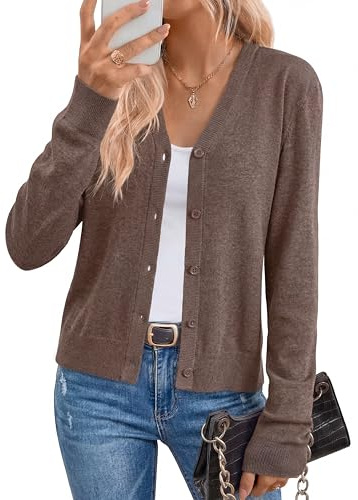 Arach&Cloz Womens Cardigan Sweaters 2026 Spring Summer Fashion Soft Wool Knit Long Sleeve Business Casual Outfits Work Trendy Cashmere Cardigans Lightweight Button Down Dressy Tops Coffee M