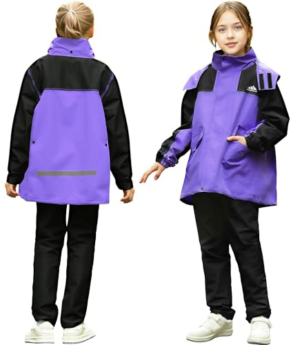 Domueay Fille Imperméable et Réfléchissante, Léger Enfants Manteau Veste de Pluie et Pantalon Combinaison, Sport Extérieur Randonnée Vêtements de Pluie Ensemble pour 13-14 Ans, Violet
