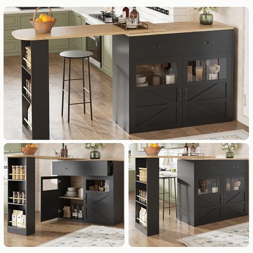 DRIXNO Ausziehbarer Bartisch mit Stauraum(138-204×39×104cm), 360° Drehbare Essbar,Hochtisch Kücheninsel Bistro Table, Sideboardschrank mit Regalen, Schwarz