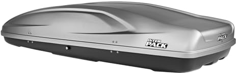 Inter Pack Stella 480 Dachbox 390 l in Silber Kevlar, 75 kg Tragkraft beidseitig öffnend, Flexi Fit G2 Befestigung für Skier bis 184 cm und Familiengepäck