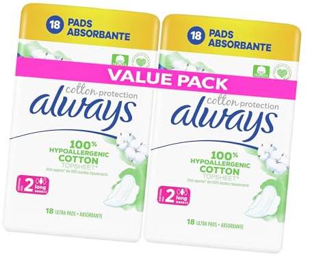Always Cotton Protection Sanitary Pads with Wings Long 36 Ultra Pads (2X 18 Pack) Ultra Soft Breathable Feminine Hygiene for Sensitive Skin, Reliable Leak Protection, Dermatologically Approved