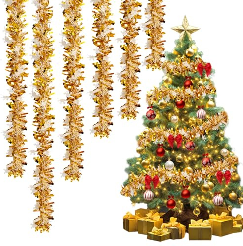 6 x 2Metros de Espumillón Dorado para Árbol de Navidad, Guirlanda Brillante y Metallizada para Decorar Interiores, Escaleras y Ventanas con Ambiente Navideño