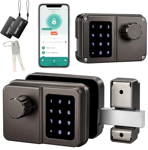 SEPOX Smart Gate Lock, Outdoor Gate Lock for Fence & Garage Door, Electronic Keyless Gate Lock IC Card, Passcode & Mechanical Key, Waterproof Rim Lock for Outdoor Garden Yard (Grey, Dual Screen)