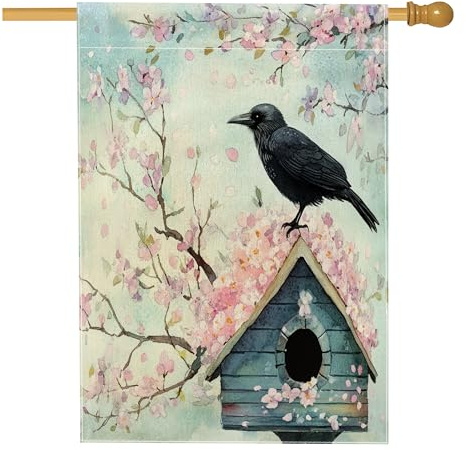 Spring Crow Ravens Vogelhaus-Flaggen, 71,1 x 101,6 cm, doppelseitig, Blumenblumen, Vogelhaus, Standard-Sackleinen, Heimflaggen, Tier-Hinterhof-Flaggen, Outdoor-Dekoration
