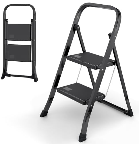 2-Step Ladder with Wide Anti-Slip Platform & Thick Rubber Feet | Heavy Duty Foldable & Portable | 330 lbs Capacity, Steel Frame, Rubber Handgrip, Folding Step Stool
