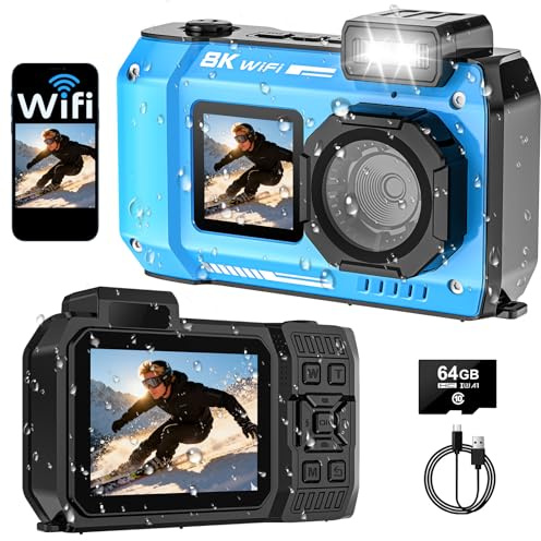 Digitalkamera, Yixinxin 8K Unterwasserkamera, 70MP Autofokus 33FT WiFi Digitalkamera wasserdichte mit 64GB Karte, Dual-Screen Selfie 2500mAh Batterie, 16X schwimmfähig Digital für Schnorcheln