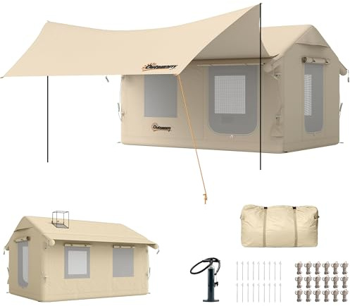 Outsunny Tenda da Campeggio Gonfiabile con Pompa per 6-8 Persone, Tenda Campeggio Impermeabile 3000mm Antivento, con Apertura per Stufa, Tetto Rimovibile e Pavimento Cucito, Montaggio Rapido, Cachi