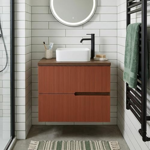 SANIVERRE Meuble Vasque à Poser L.60cm Suspendu Chêne Moka 2 tiroirs Brique cannelé Collection Salle de Bain EVA - sans Colonne