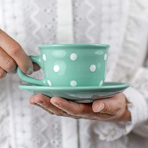 City to Cottage® Teal Blue and White | Polka Dot Spotty | Designer Handmade Hand Painted | Unique Ceramic 8.4oz/250ml | Cappuccino Coffee Tea Cup with Saucer | Gift