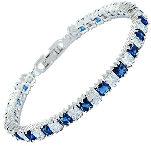 [RIZILIA Cubos de hielo] Tenis Pulsera [18cm/7inch] con Corte Princesa Piedras Preciosas Circonita CZ [Zafiro Azul] en 18K Chapado en oro blanco, Elegancia Moderna Sencillo