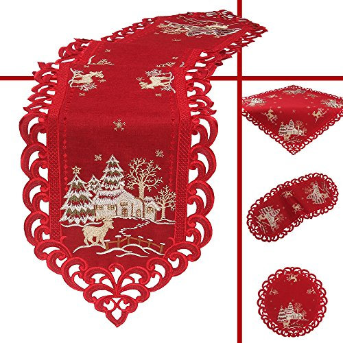 Quinnyshop Hirsch Weihnachts-Tischdeckchen 30 cm Rund Leinen Optik, Rot