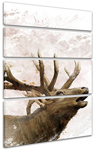 Keilrahmenbild - Aquarell - Hirsch - Bild auf Leinwand 120 x 180 cm vierteilig - Leinwandbilder Bilder als Leinwanddruck Tierbild Malerei - Geweih - Wild - röhrender Hirsch