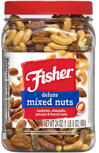 Fisher Snack Deluxe Mixed Nuts, 24 Ounces, Cashews, Almonds, Pecans, Brazil Nuts, 100% Recyclable, Healthy Snacks for Adults