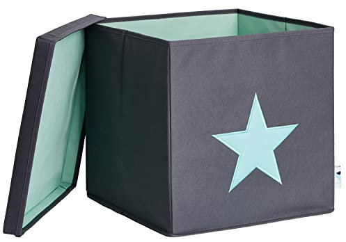 LOVE IT STORE IT Aufbewahrungsbox mit Deckel - Kiste für Regal aus Stoff - Verstärkt mit Holz, belastbar bis 30 kg - Abwaschbar - Grau mit grünem Stern - 33x33x33 cm