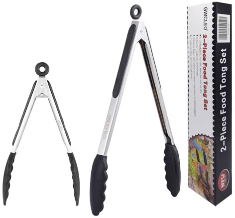 Küchenzangen,GWCLEO Grillzangen aus Edelstahl und Silikon,Salatzangen mit Kratzfesten Silikonspitzen,Servierzangen mit Rutschfeste Silikongriff Einfach zu Greifen für Komfort (Schwarz,9 und 12-Zoll).