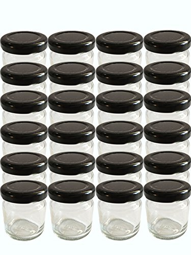 24er Set leere Rundgläser Mini Gläser 53 ml Deckelfarbe Schwarz To 43 (24 Etiketten 30mm Ø) zum Beschriften Bedrucken Haushaltsetiketten Einmachgläser, Portionsgläser, Probiergläser, Imker